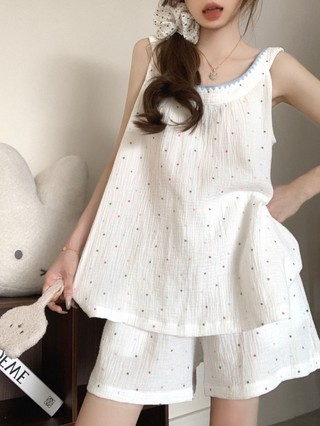Bộ đồ ngủ cổ tròn chấm bi nhiều màu sắc ngọt ngào dành cho nữ dáng rộng dáng vest quần short