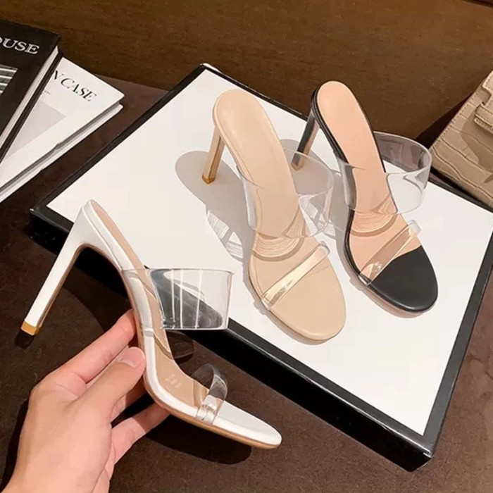 đôi sandal một quai trong suốt dành cho nữ mùa hè phong cách mới Dép cao gót hở mũi màu trắng kh