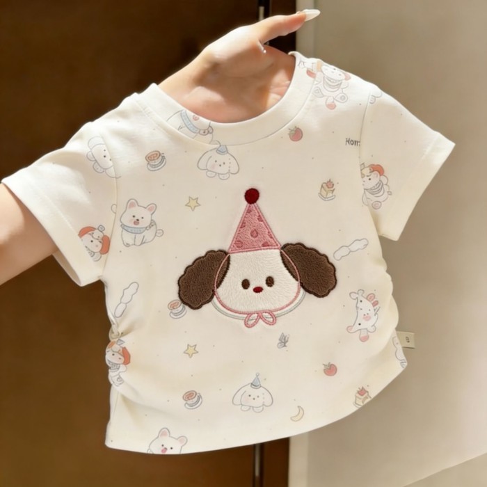 Mùa hè mới phong cách hoạt hình phong cách bé gái và quần áo trẻ em bé cún con dễ thương thêu