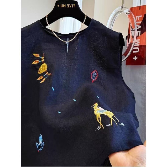 Áo sơ mi cotton và vải lanh thêu mùa hè Áo không tay mới dành cho nữ chất liệu vải lanh rộng