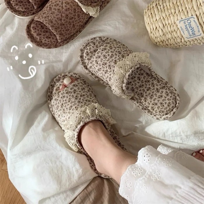 Dép lanh ren hoa, vật dụng không thể thiếu trong nhà, cây lau nhà bốn mùa, thấm mồ hôi, đế mề