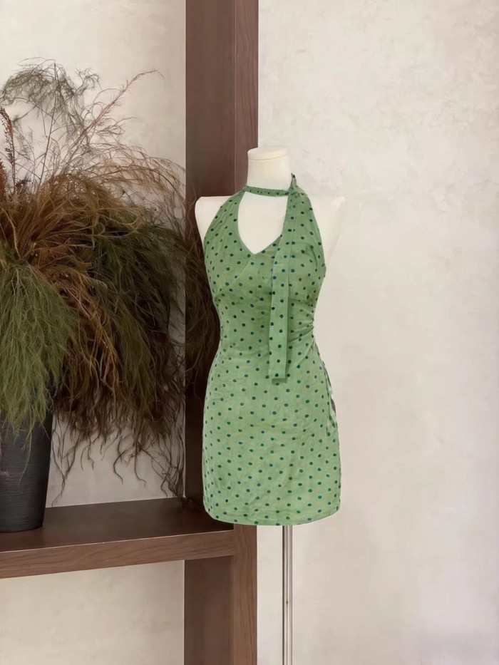 French Retro Green Polka Dot V-neck Halterneck Ribbon Dress Waist Slimming Holiday Skirt Wais