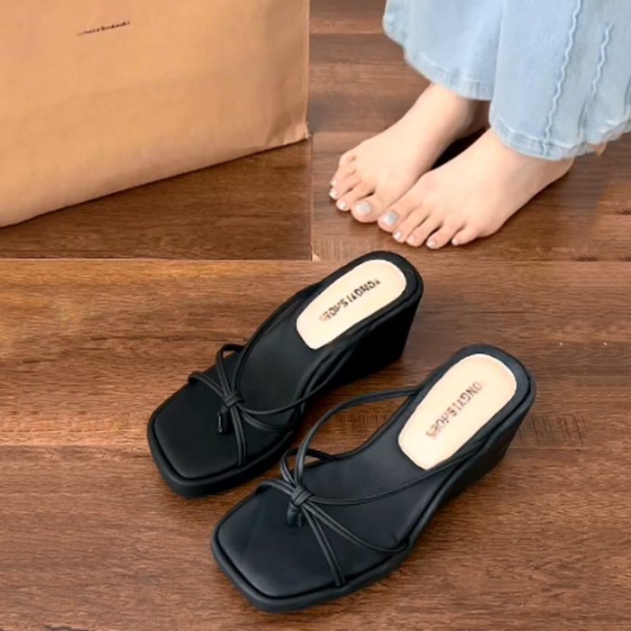 Dép nêm xếp chồng cao cấp ins mặc ngoài mùa hè đế dày với váy dép đế dày