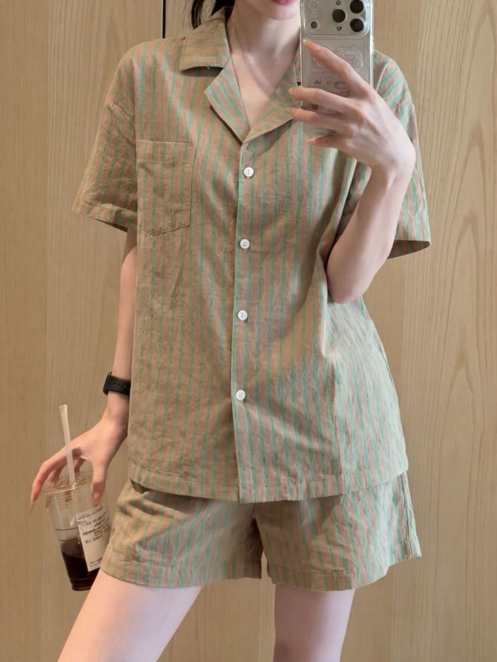 Japanese Style Simple Striped Summer New Cloud Cotton Short-sleeved Pajamas Women's Home Clot