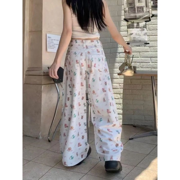 Retro Dạo Phố Cao Cấp Nhật Bản Gấu Hoạt Hình In Quần Jean Nữ Mùa Hè Cao Cấp Rời Giảm Béo Quần Ống R