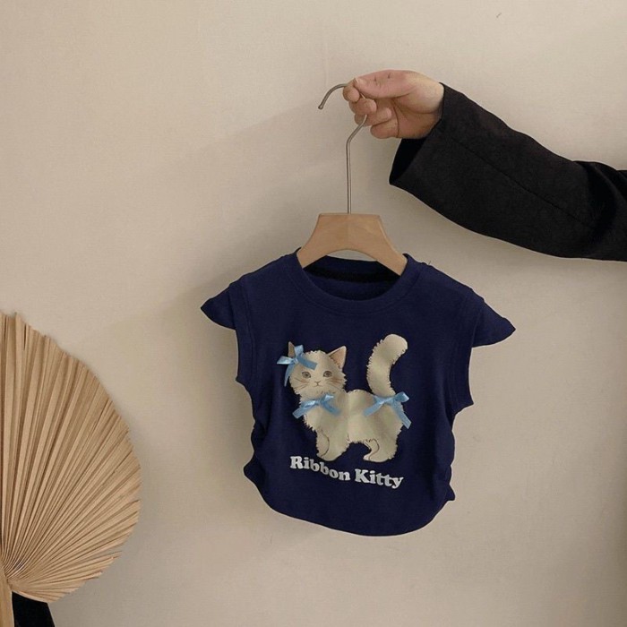 Bộ đồ quần ống rộng ren bé gái, in hình mèo kiểu mới cho trẻ em trung lớn, bộ hai mảnh thời