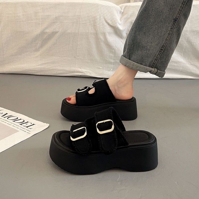 mẫu dép denim tăng chiều cao đa năng mới, dép Roman thể thao, sandal đế dày châu Âu dành cho nữ