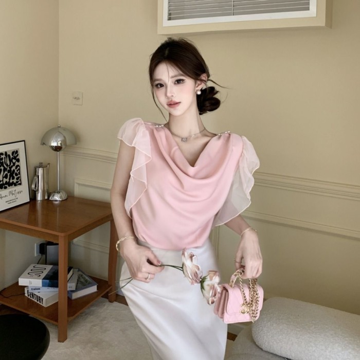 Áo sơ mi cổ xòe xòe ruy băng phong cách mùa hè Áo tay bay kiểu Pháp dành cho nữ