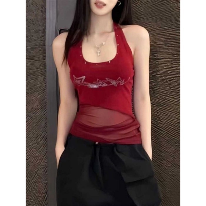 American Retro Hottie Hot Diamond Halterneck Camisole Women's Summer Outer Wear Slim Mesh Spl