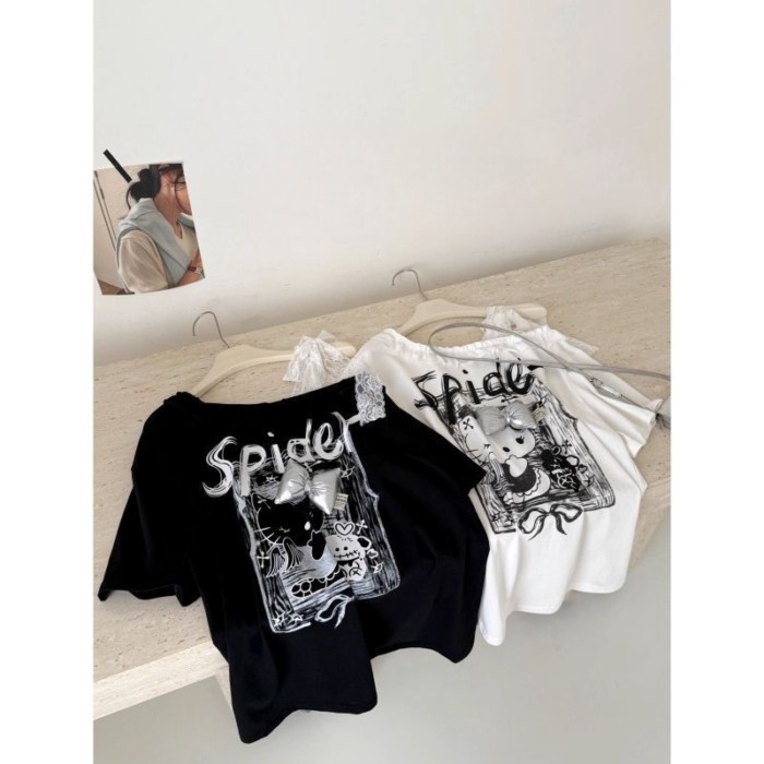 American Sweet And Cool Black Lace Straps Slanted Shoulder Short-sleeved Women's Summer Loose