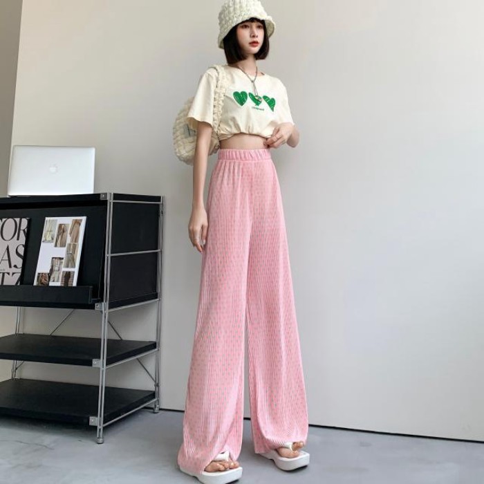 chiếc quần ống rộng nhuộm màu xếp ly dành cho nữ, quần dọc lưng cao mỏng mùa hè, quần ống rộng v