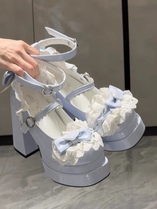 Puff Ren Gothic Giày Ngọt Nơ Ren Dễ Thương Mary Jane Phong Cách Pháp lo Giày Cao Gót
