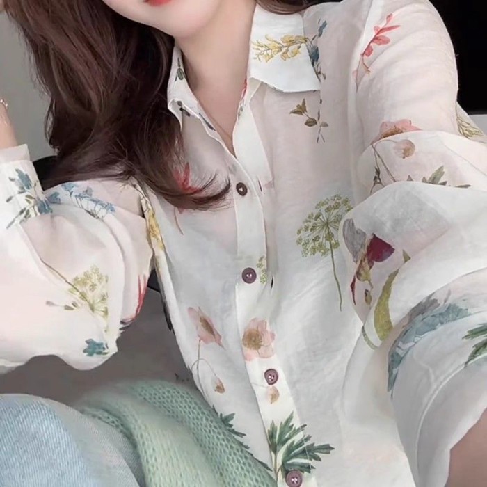 Áo sơ mi hoa độc đáo đẹp mắt áo sơ mi mỏng dài tay mùa hè nữ giảm béo khí chất