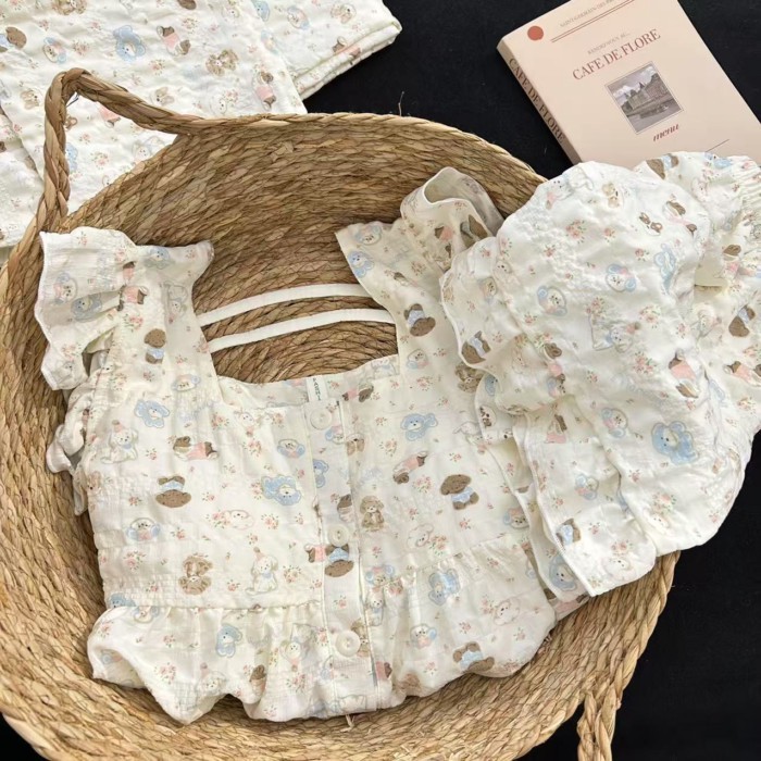 Bộ đồ ngủ màu kem cho chó có miếng đệm ngực cho nữ mùa hè hoạt hình dễ thương quần short treo