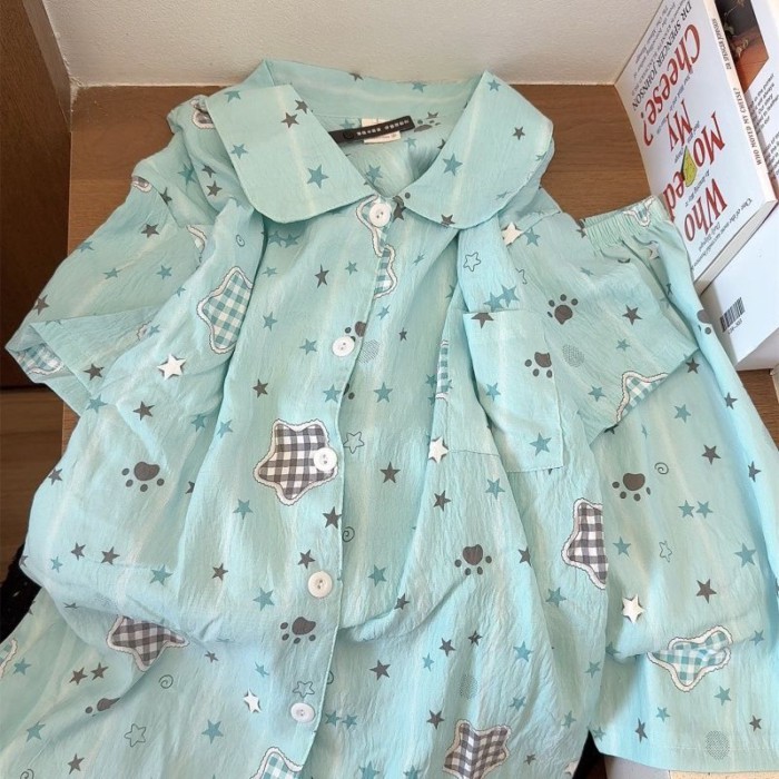 Phong Cách Văn Học Cloud Cotton Mùa Hè Xanh Bạc Hà Ngôi Sao Cardigan Bộ Đồ Ngủ Nữ Ngắn Tay Qu