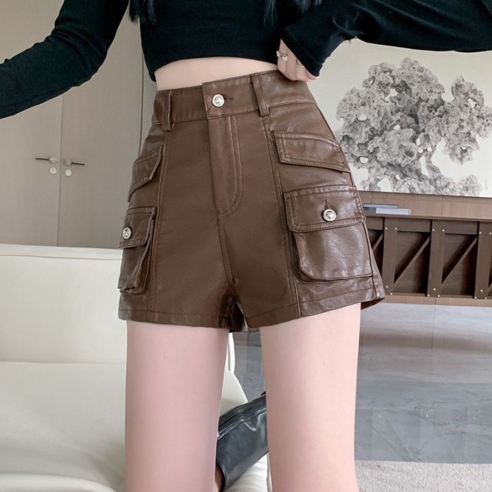 Quần Áo Bảo Hộ Lao Động Da PU Quần Short Nữ Thu Đông Mới Cao Cấp Ôm Đa Năng Chữ A Thường Quần Ốn