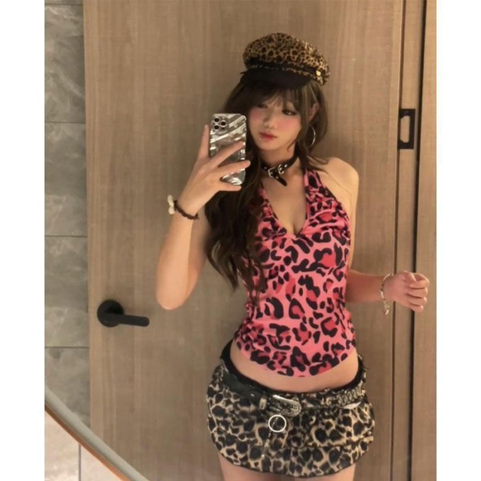American Hot Girl Leopard Print V-neck Halterneck Camisole For Women Spring And Summer Design