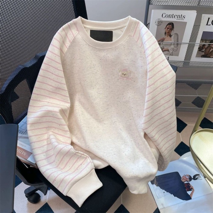 Áo nỉ tay áo raglan sọc chấm bi đầy màu sắc phong cách Hồng Kông Áo đa năng phong cách Hàn Qu