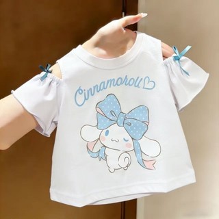 Áo thun trễ vai tay ngắn mùa hè cho bé gái hoạt hình dễ thương nơ ngọt ngào áo thun cotton phong cá