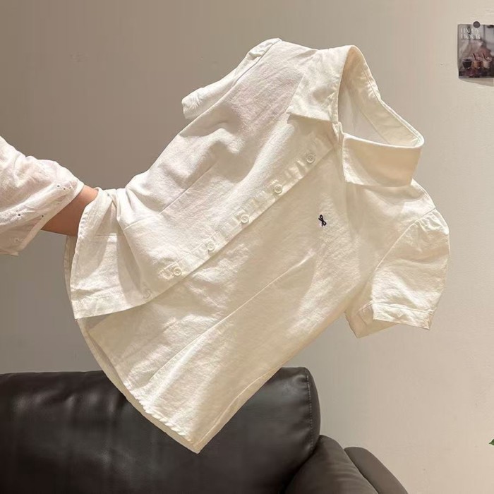 Áo sơ mi tay ngắn thiết kế thêu retro hàn quốc dành cho nữ, hốc cao cấp, áo độc và đẹp