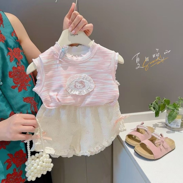 Bộ Đồ Bé Gái Mùa Hè Phong Cách Mới Cho Bé Phong Cách Áo Vest Ren Top Bộ Hai Món Trẻ Em