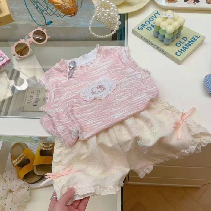 Bộ Đồ Bé Gái Mùa Hè Phong Cách Mới Cho Bé Phong Cách Áo Vest Ren Top Bộ Hai Món Trẻ Em