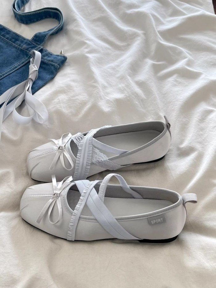 Màu Xám Retro Quai Nơ Phong Cách Ballet Mary Jane Giày Nữ Đế Bằng, Miệng Dẹt Giày Đơn