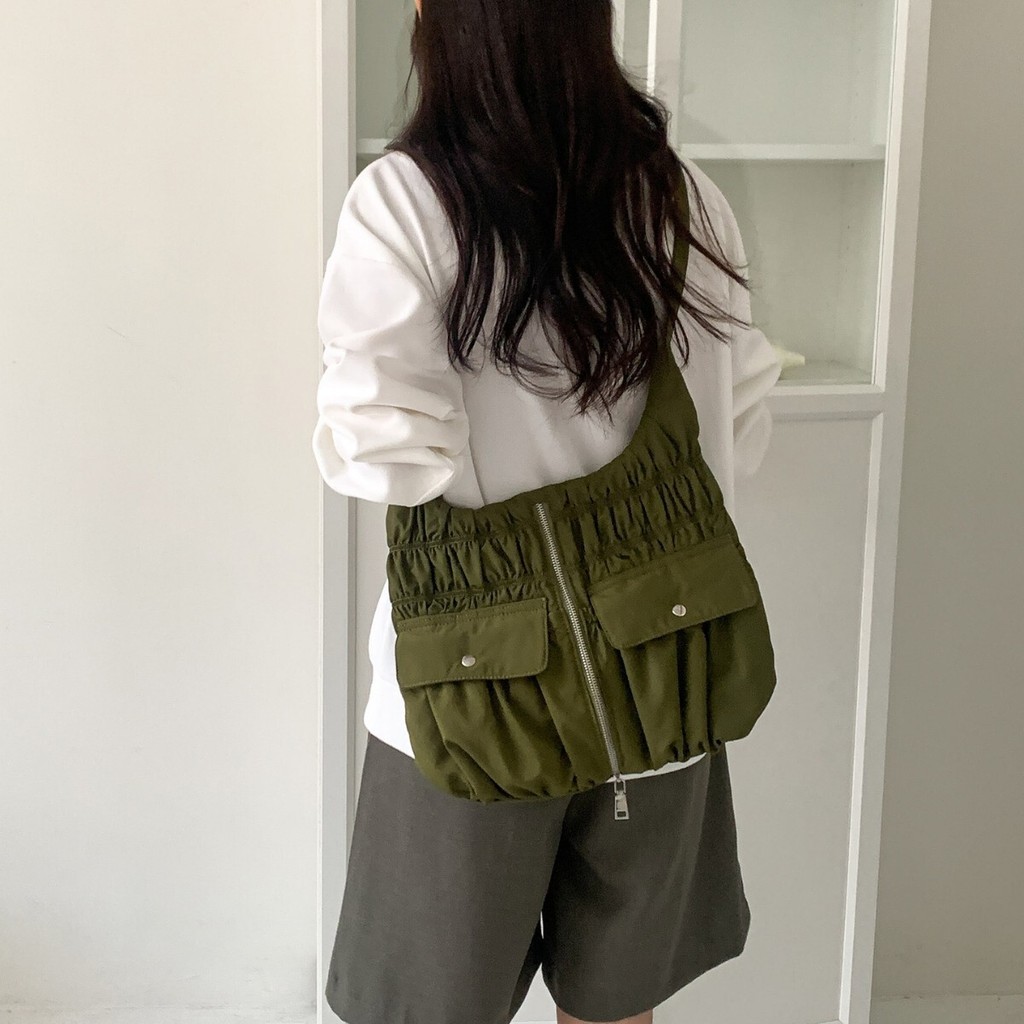 2026 Phong Cách Mới Phong Cách Hàn Quốc Xếp Ly Nylon Nách Túi Dung Tích Lớn Nữ Chống Thấm Nước Đi Lại Túi Đeo Vai
