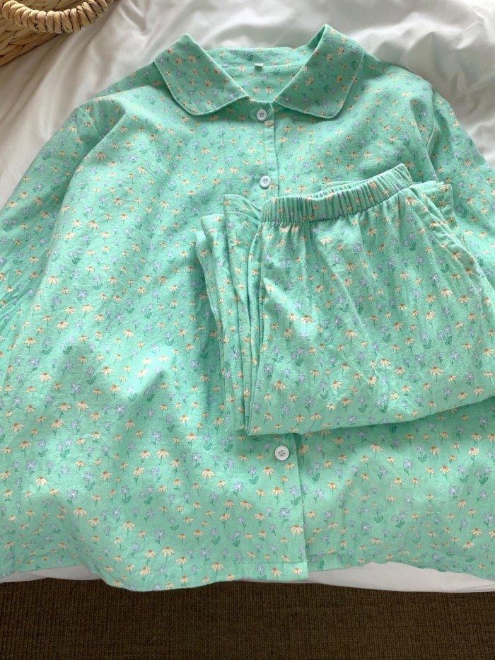 Retro Hoa Tươi Ngắn Tay Quần Short Bộ Đồ Ngủ Nữ Thích Hợp Ở Nhà Quần Áo Cotton Thoải Mái Bộ H