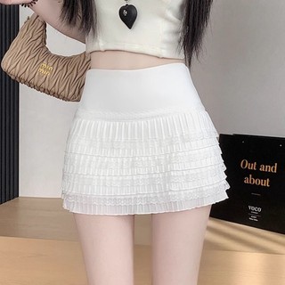 Váy ren trắng ngọt ngào kiểu Hàn Quốc mới eo cao xếp ly váy giảm béo đa năng mùa hè