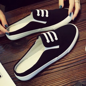 Giày vải canvas nửa trơn màu trắng mùa hè dành cho nữ sinh viên đế bệt chống trượt phong cách Hàn Q