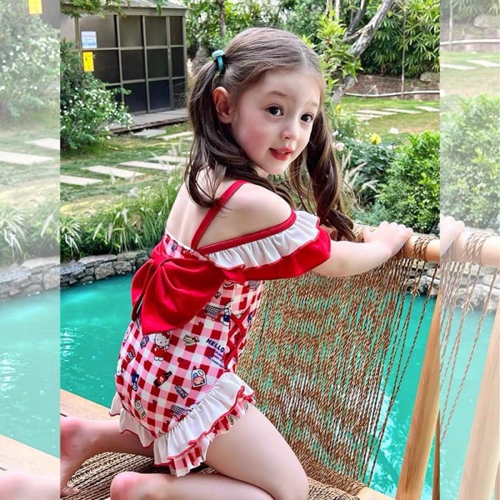 Quần áo trẻ em Đồ bơi một vai xếp nếp cho bé gái Đồ bơi nơ chống lộ cho bé gái