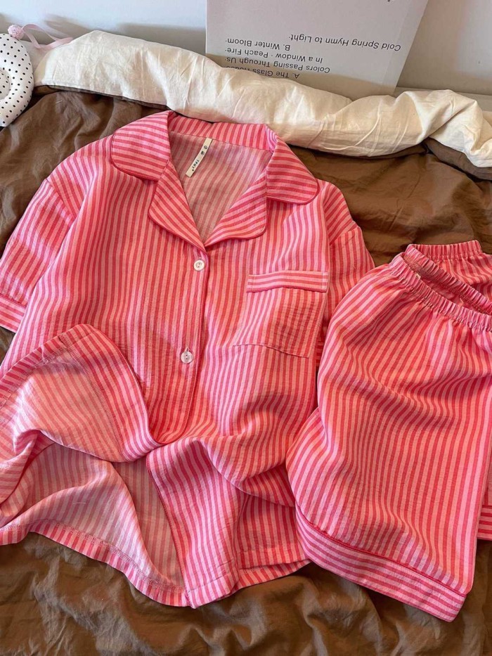 Simple Yellow Striped Pajamas For Women Summer New Short-sleeved Shorts Sweet Japanese Studen