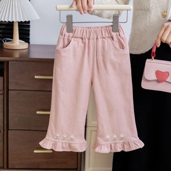 Quần cotton nguyên chất viền nấm ngọt ngào phiên bản Hàn Quốc, quần màu trơn thêu mỏng, đa nă