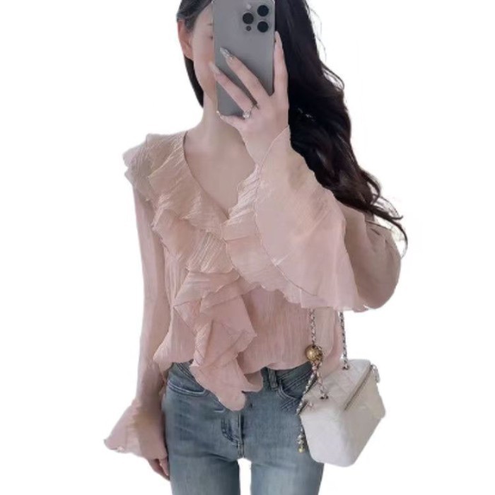 Áo sơ mi nhún bèo hồng nhẹ nhàng độc đáo tay dài Áo sơ mi voan ngọt ngào kiểu Pháp mặc bên ng