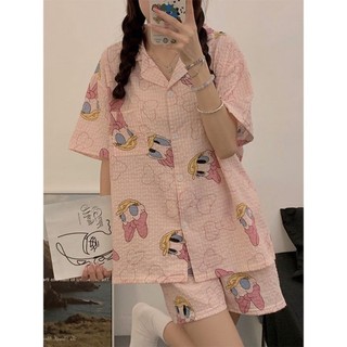 Bộ Đồ Ngủ Mới Cho Nữ Mùa Hè Bong Bóng Nhăn Tay Ngắn Hoạt Hình Nhật Bản Vịt Donald Bộ Homewear Mù