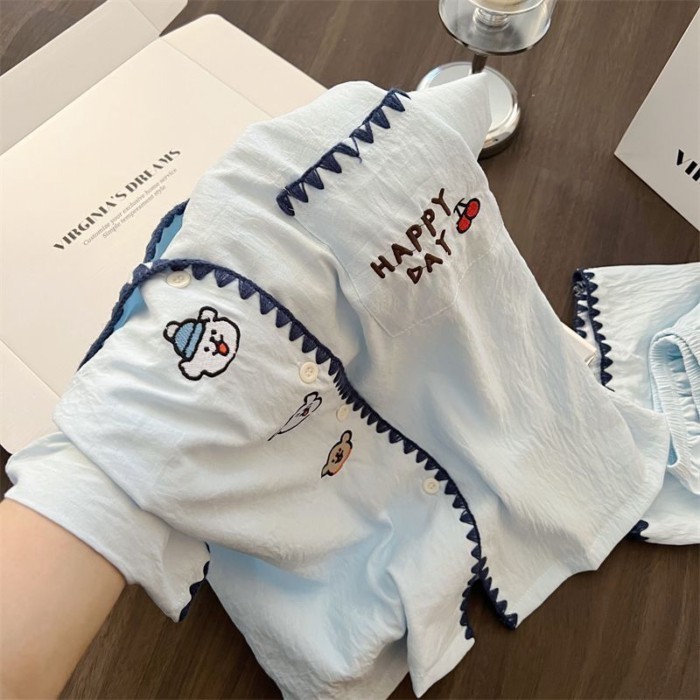 nguyên chất cotton hoạt hình thêu Bộ đồ ngủ cho nữ mùa hè mới quần short ngắn tay dễ thương m