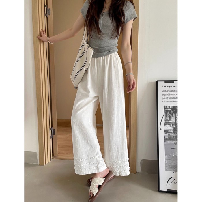 Quần ống rộng ren nấm mùa hè kiểu Hàn Quốc dành cho nữ Quần ống rộng vải lanh chín điểm lưng
