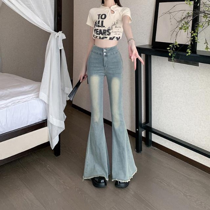 Giặt Nguyên Edge Lớn Loe Quần Jean Nữ Xuân Thu Cao Cấp Quần Ống Rộng Quần Đuôi Cá Quần Dài