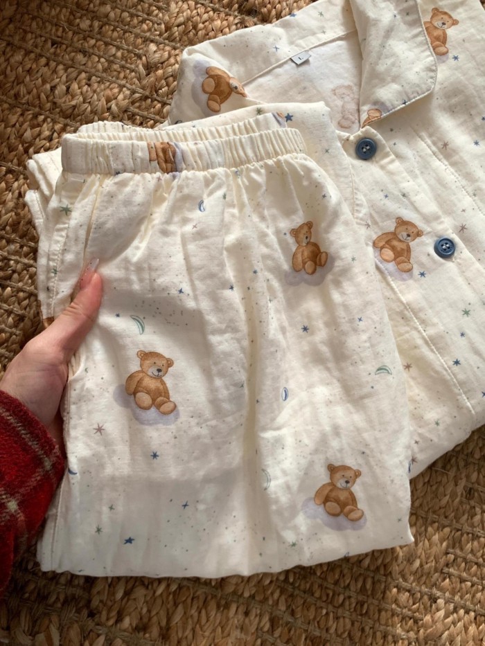 Bộ đồ ngủ in hình gấu hoạt hình dài tay cotton thoải mái mặc ở nhà Bộ áo khoác ngoài