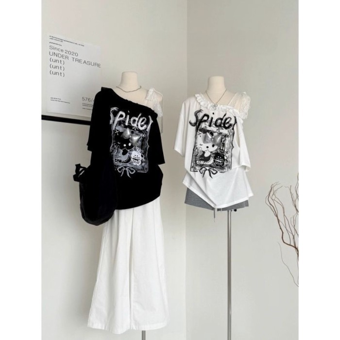 American Sweet And Cool Black Lace Straps Slanted Shoulder Short-sleeved Women's Summer Loose