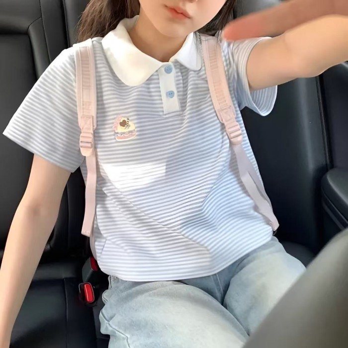 Children And Girls New Striped Polo Summer Short-sleeved Short T-shirt Sweet Top For Big Chil