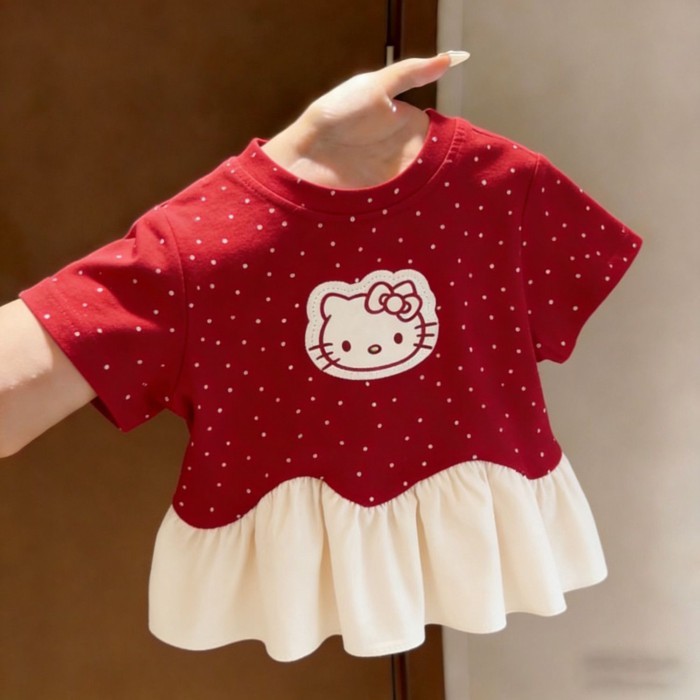 Girls Summer Short-sleeved T-shirt New Style Baby Girl Fashionable Korean Style Kt Cat Patch