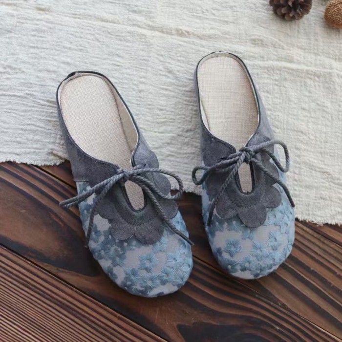 Bên ngoài mặc lưới rỗng hở mũi dép xỏ ngón dành cho nữ, kiểu rừng mềm mại cô gái thêu lưới dé