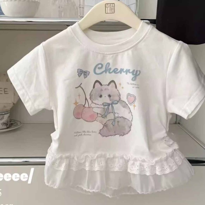 bé gái mùa hè áo phông ngọt ngào và dễ thương mới cổ ren hoạt hình áo cotton ngắn tay thời trang