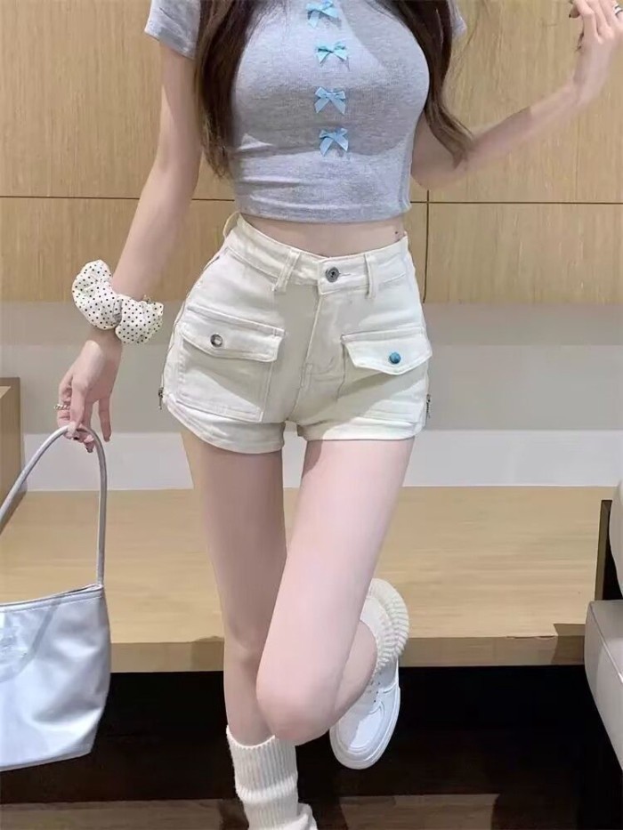 Quần short denim Mỹ dành cho nữ giảm béo và kéo dài chân quần thẳng lưng cao nóng bỏng