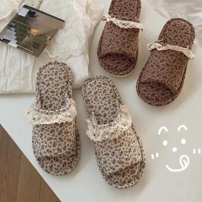Dép lanh ren hoa, vật dụng không thể thiếu trong nhà, cây lau nhà bốn mùa, thấm mồ hôi, đế mề