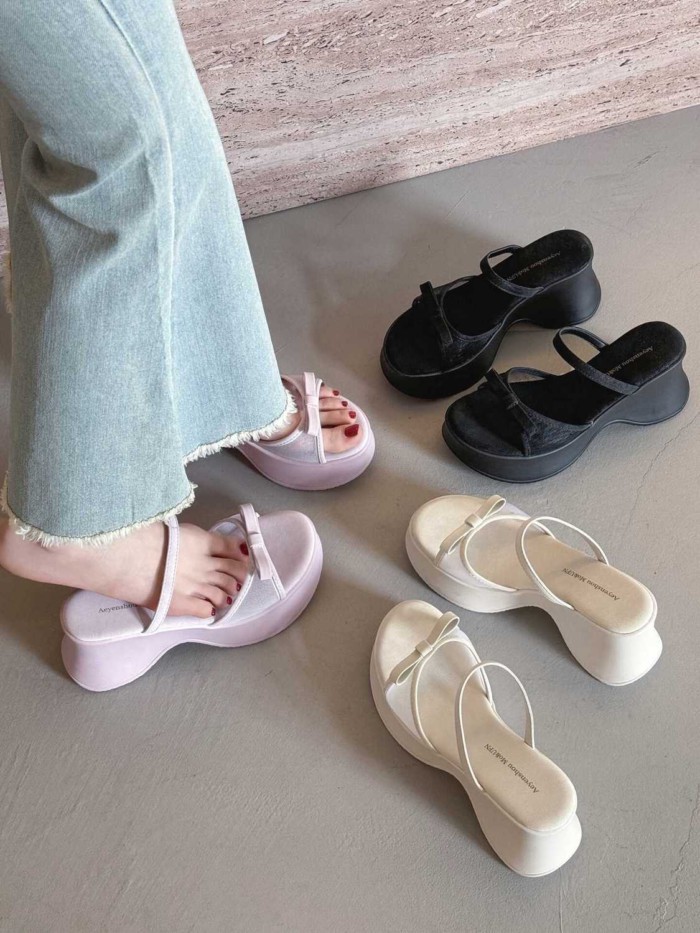 Giày đế dày nơ , giày ngoài mỏng mùa hè, dép nêm và dép lê, giày tăng chiều cao với váy và già