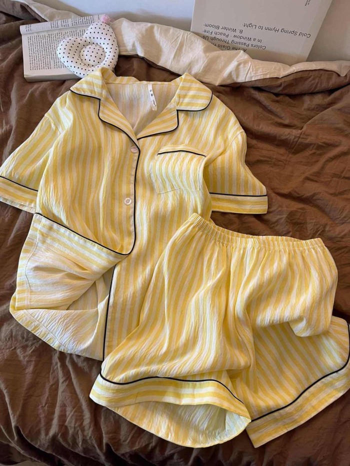Simple Yellow Striped Pajamas For Women Summer New Short-sleeved Shorts Sweet Japanese Studen