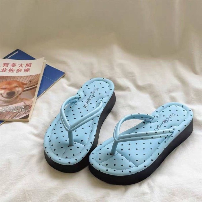Dép xỏ ngón đế dày chấm bi xinh xắn cho nữ mùa hè nhẹ, đế mềm, mang hàng ngày, chống trơn trượ